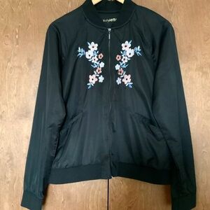 Madden NYC Black Floral Embroidered Lightweight Bomber Jacket Full Zip Fairy